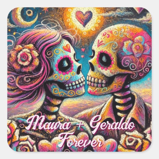 Sugar Skulls in Love Chalk Pastel Personalised Square Sticker (Front)