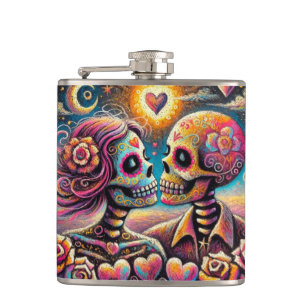 Sugar Skulls in Love Impressionistic Chalk Pastel  Hip Flask