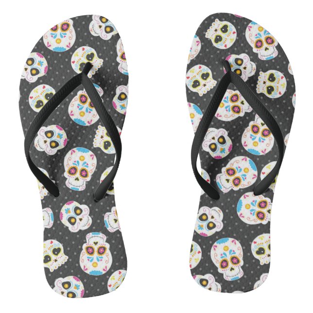 Sugar Skulls on Black with Polka Dots Thongs (Footbed)