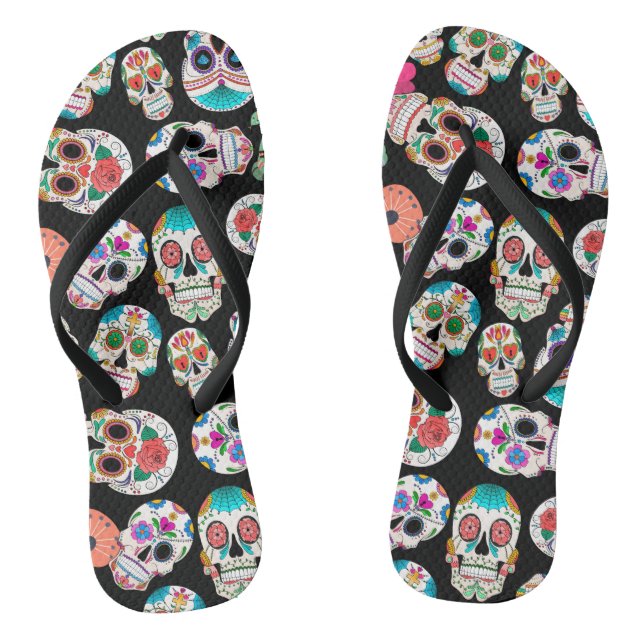 Sugar Skulls Pattern on Black Thongs (Footbed)