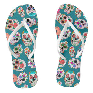 Sugar Skulls Pattern on Teal Thongs
