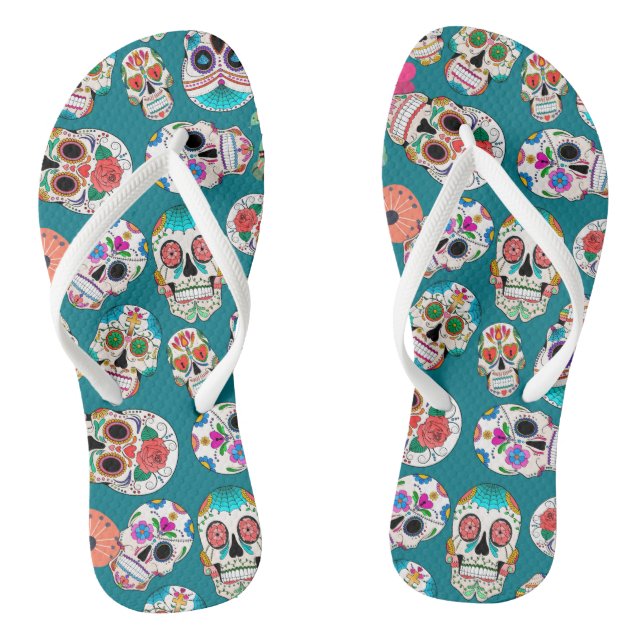 Sugar Skulls Pattern on Teal Thongs (Footbed)