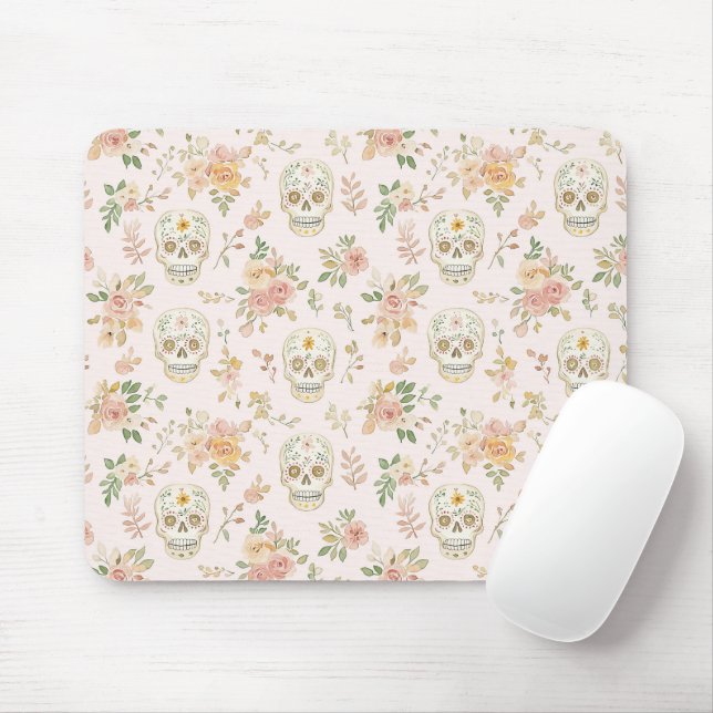 Sugar Skulls Peach Flowers Mouse Pad (With Mouse)
