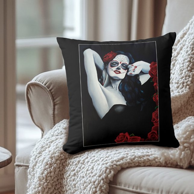 Sugar Skulls Red Roses Black Cushion (Creator Uploaded)