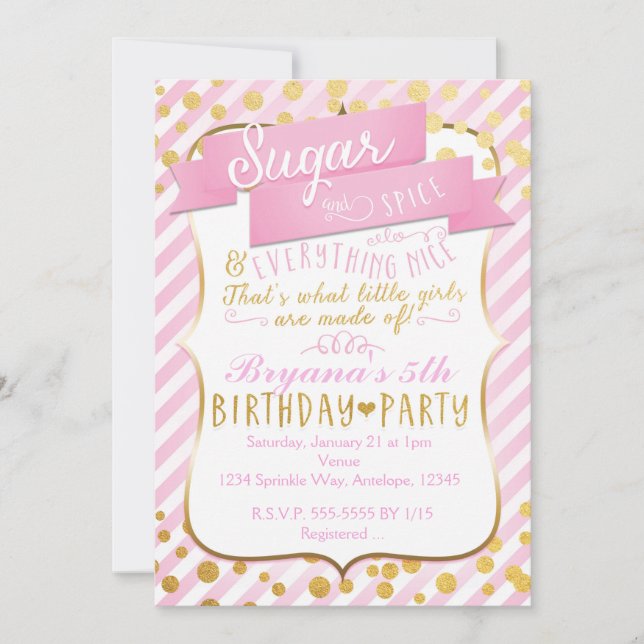 Sugar & Spice Pink Gold Birthday Party Invitation (Front)