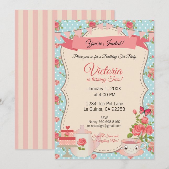 Sugar & Spice Tea Party (Blue Floral) Invitation (Front/Back)