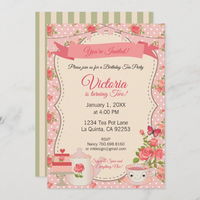 Sugar & Spice Tea Party (Pink Floral) Invitation (Front/Back)
