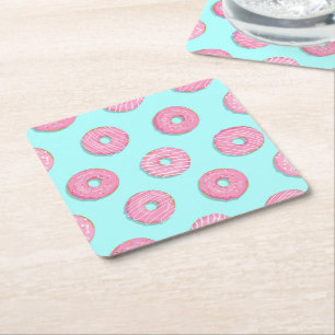 Sugar Sweet Pink Glazed Doughnuts Square Paper Coaster