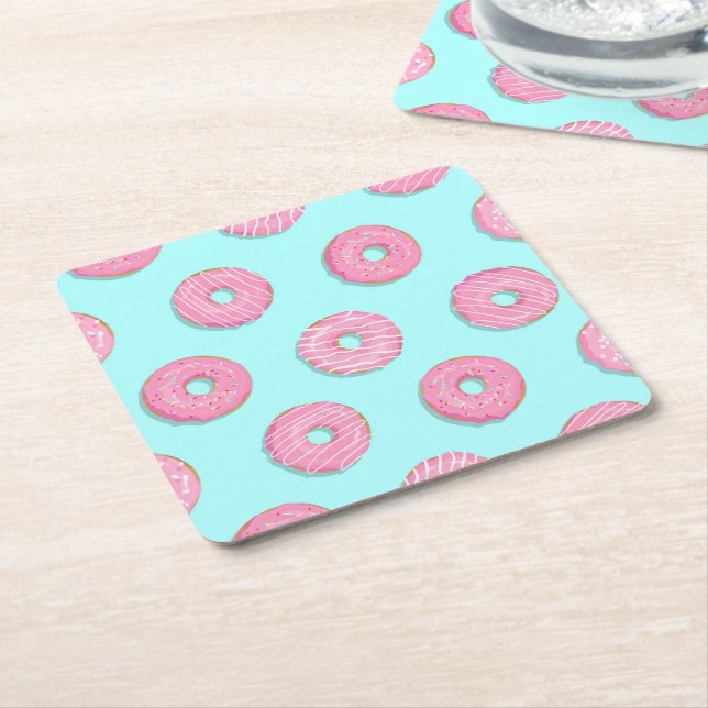 Sugar Sweet Pink Glazed Doughnuts Square Paper Coaster (Angled)