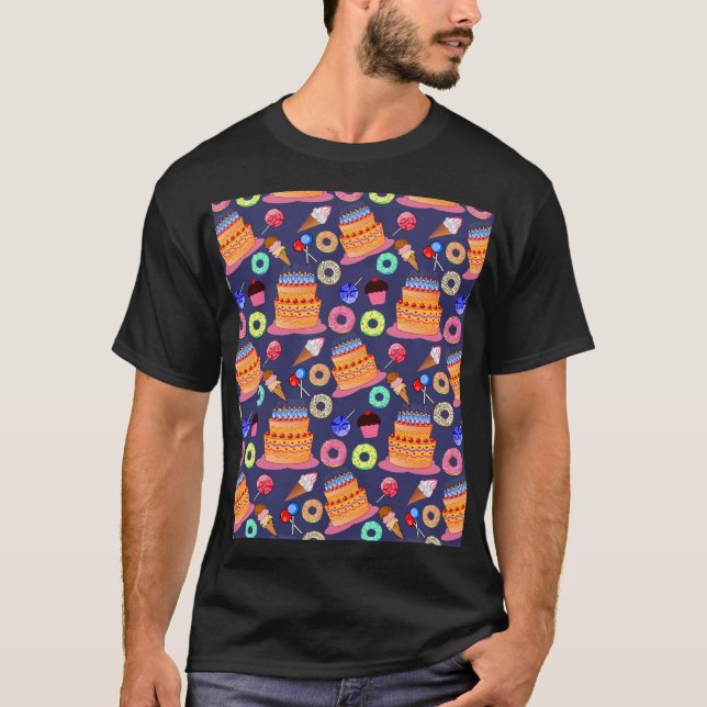 Sugary Delights: Cute Pastry Pattern Design T-Shirt (Front)
