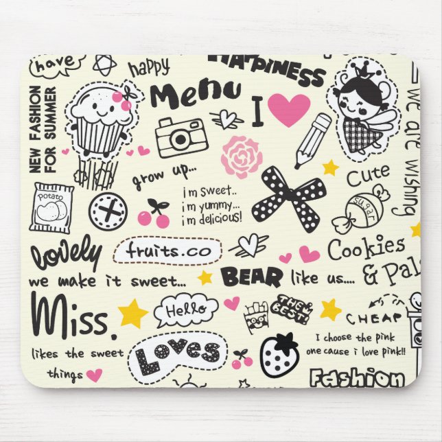 Sugary Sweet Girly Cartoon Sketches. Mouse Pad (Front)