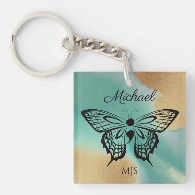 Suicide Awareness Butterfly Semicolon Name Initial Key Ring (Front)