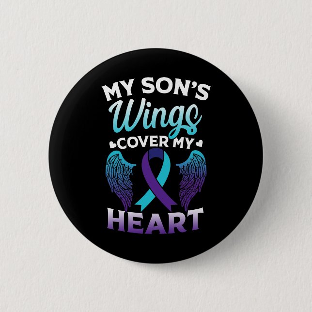 Suicide Awareness Memory Of Son Wings Cover Heart  6 Cm Round Badge (Front)