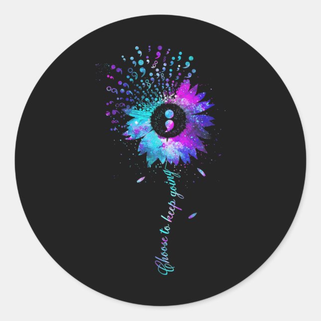 Suicide Awareness Sunflower Semicolon Teal Purple  Classic Round Sticker (Front)