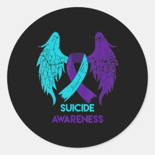 Suicide Awareness  Wings And Ribbon Teal And Purpl Classic Round Sticker
