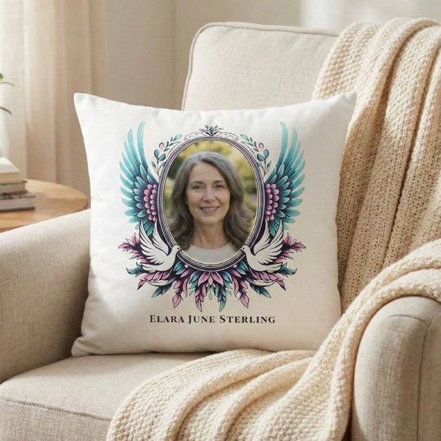 Suicide Loss Memorial Angel Wing Custom Photo Poem Cushion (Personalized Memorial, with Photo for Teal & Purple, Suicide Loss, Throw Pillow)