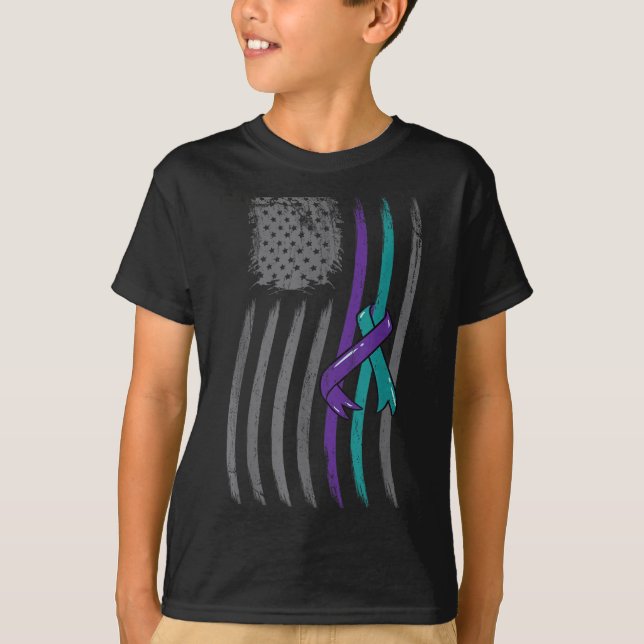 Suicide Prevention American Flag Purple Awareness  T-Shirt (Front)