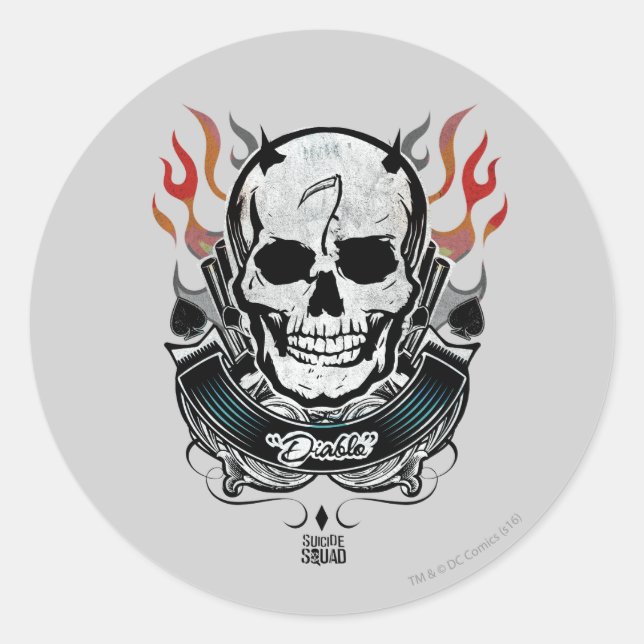 Suicide Squad | Diablo Skull & Flames Tattoo Art Classic Round Sticker (Front)