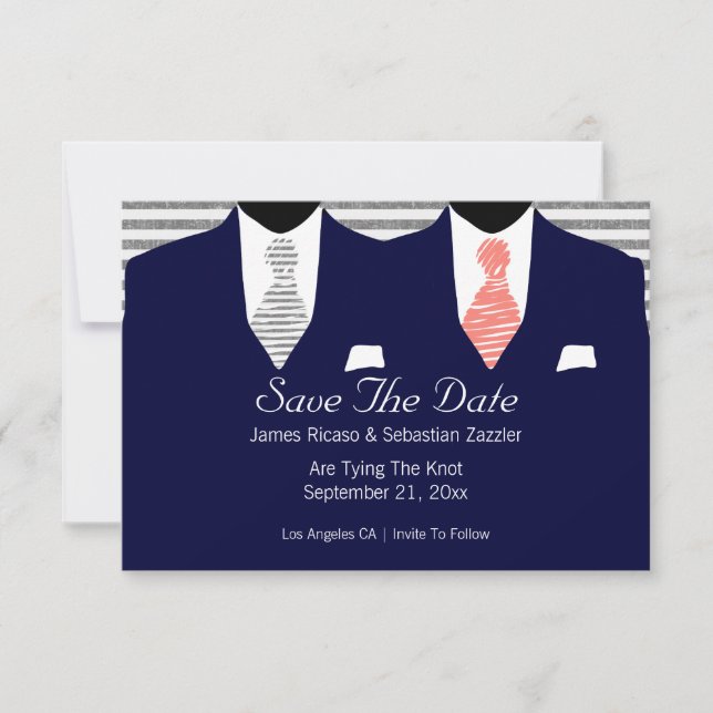 Suit and Tie Gay Save The Date Wedding Coral (Front)