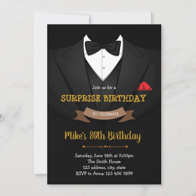 Suit man birthday party invitation (Front)