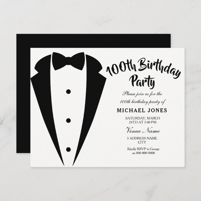 Suit & Tie mens 100th birthday party invitation (Front/Back)