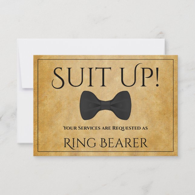 Suit Up Be My Ring Bearer Faux Parchment Card (Front)