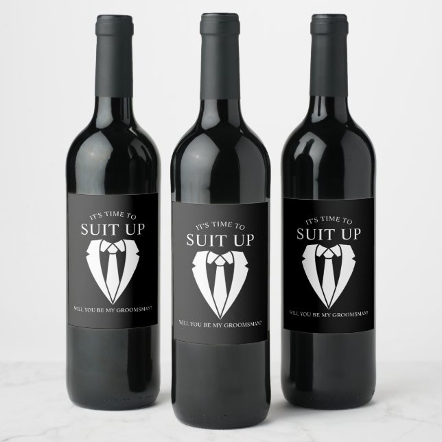 "SUIT UP" Black Suit and Tie Groomsman Proposal Wine Label (Bottles)