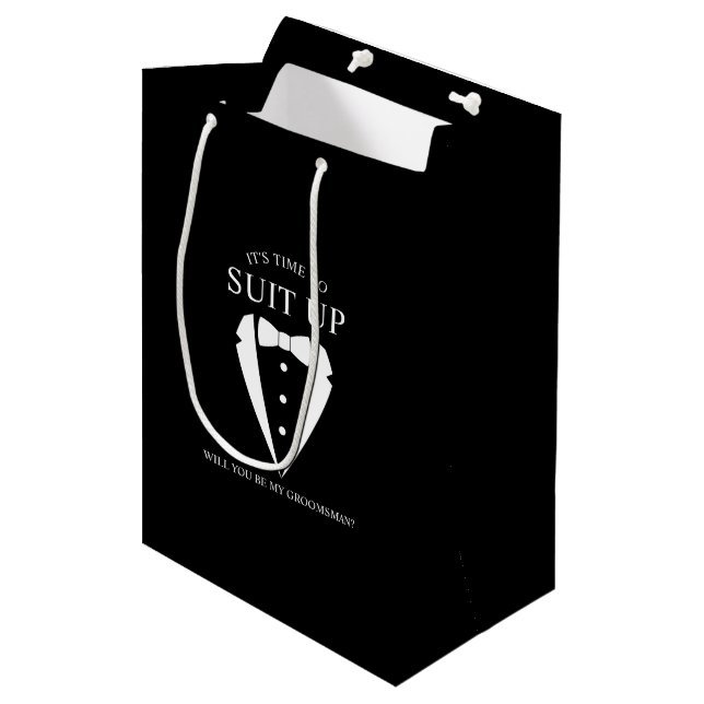 "SUIT UP" Black Tuxedo Suit Groomsman Proposal Medium Gift Bag (Front Angled)