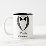 Suit up groomsman best man Two-Tone coffee mug<br><div class="desc">The perfect thank you gift for your groomsman or best man. Mug features a classic bow tie suit in black and grey. Names and role can be personalised.</div>