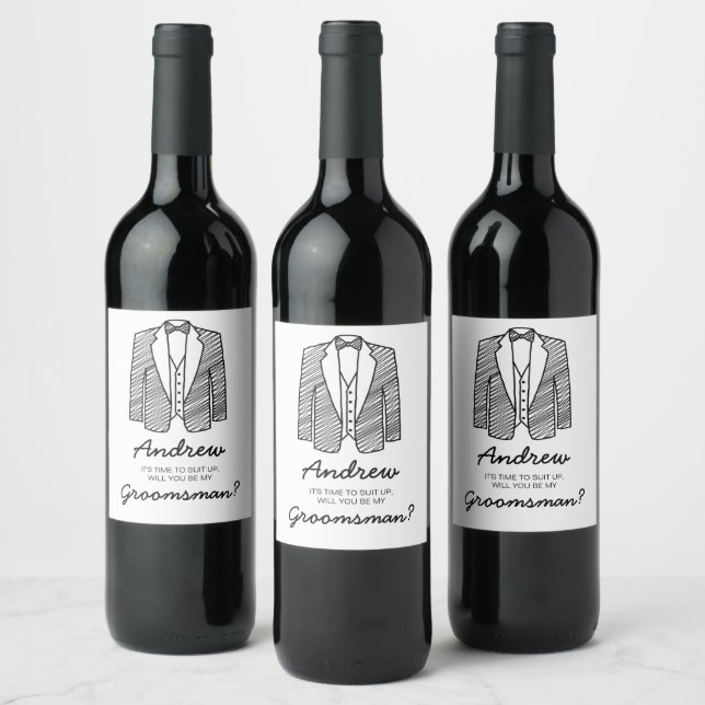 Suit Up Groomsman Best Man Wedding Party Asking Wine Label (Bottles)