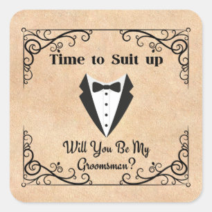 suit up groomsman proposal brown kraft square sticker