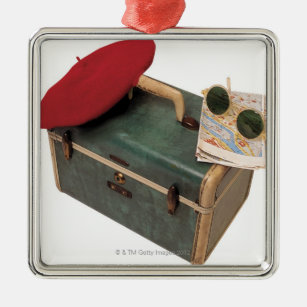 Suitcase , beret , map , and sunglasses metal tree decoration