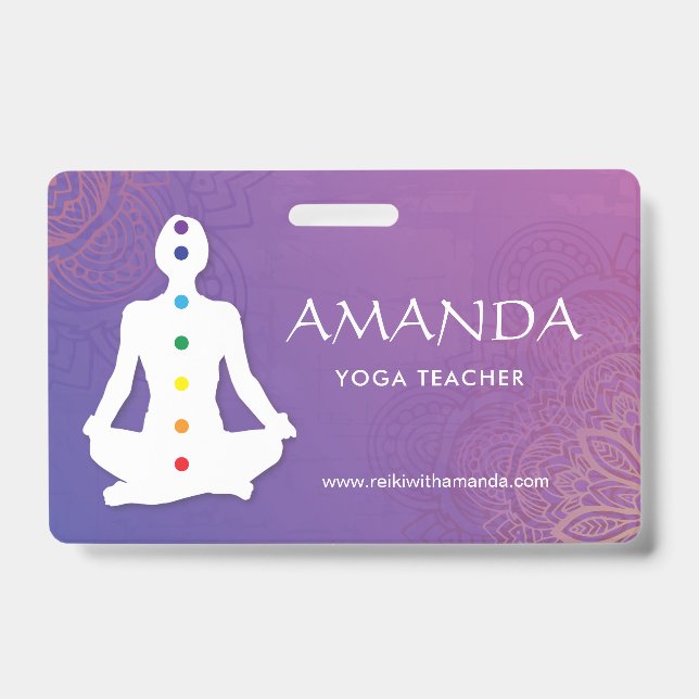 Sukhasna Pose Purple Mandala Chakra Name Badge ID Badge (Front)
