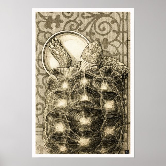 Sulcata Tortoise Art Nouveau Ink Sepia drawing Poster (Front)