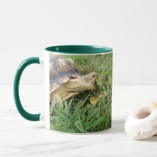 Sulcata Tortoise, Mouth Open, Grazing in Grass Mug