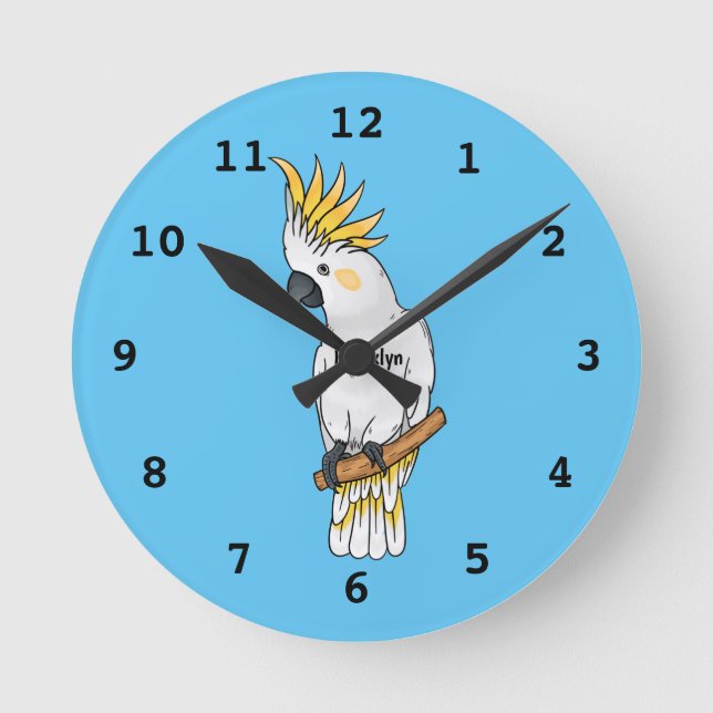 Sulphur-crested cockatoo bird cartoon illustration round clock (Front)