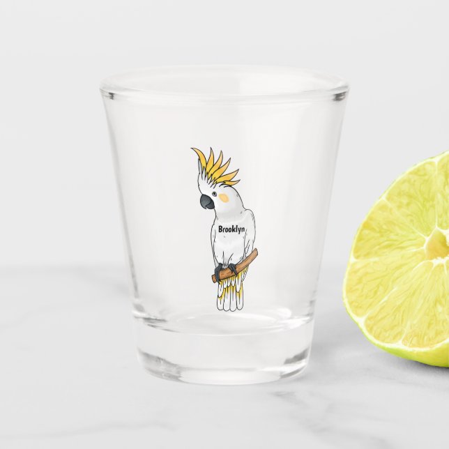 Sulphur-crested cockatoo bird cartoon illustration shot glass (Front)