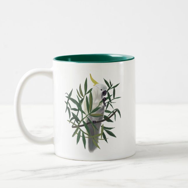 Sulphur-Crested Cockatoo in Tree Illustration Two-Tone Coffee Mug (Left)