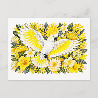 Sulphur Crested Cockatoo Yellow Hibiscus Illustrat Postcard
