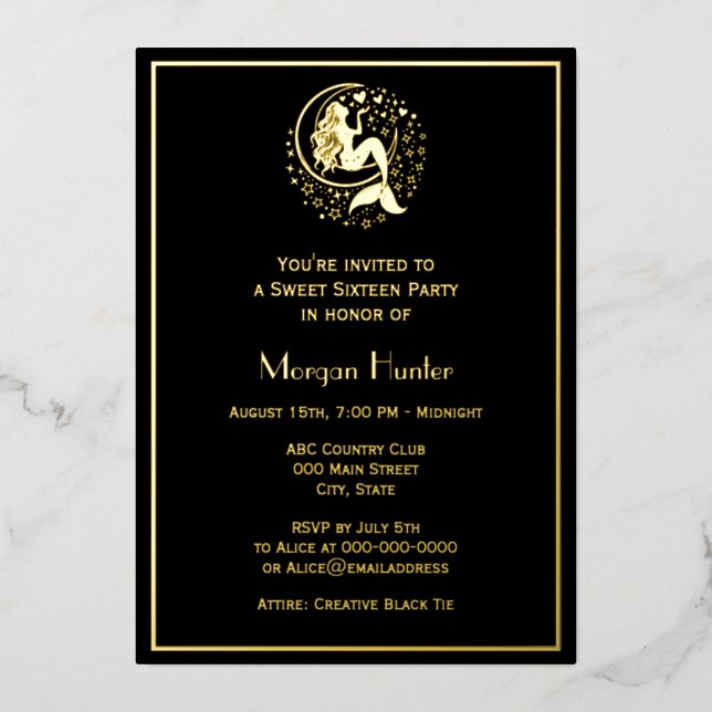 Sultry Mermaid on Crescent Moon Sweet Sixteen Foil Holiday Card (Front)