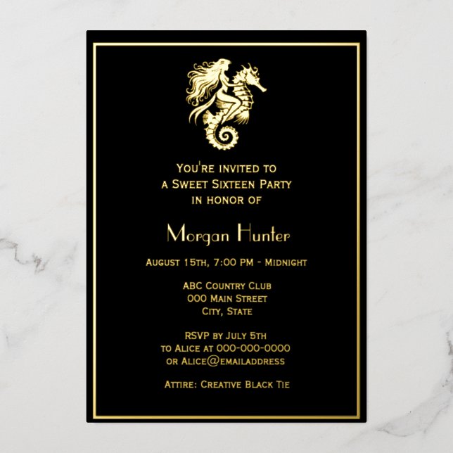 Sultry Mermaid Riding Seahorse Sweet Sixteen Foil Holiday Card (Front)