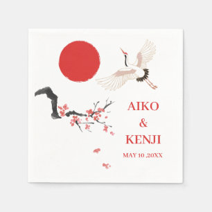 Sumi-e Cherry Blossom Crane Japanese Wedding Napkin