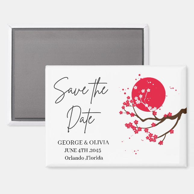 Sumi-e Cherry Blossom Wedding Save the Date Magnet (Front/Back)