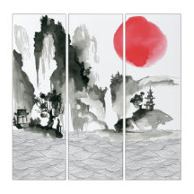 Sumi-e Japanese Painting Mountains And Sunset