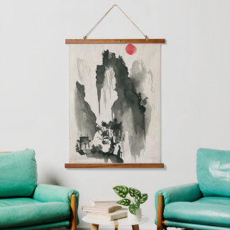 Sumi-e mountains with monastery and monk hanging tapestry