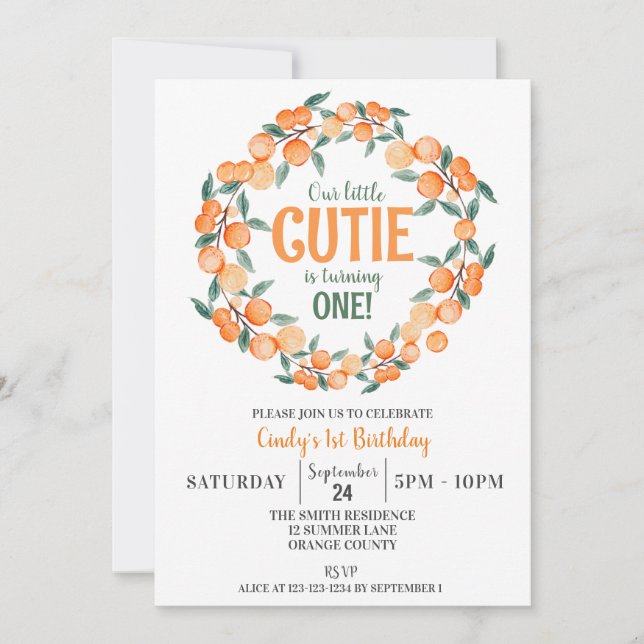 Summer 1st Birthday, Oranges Citrus Wreath Invitation (Front)