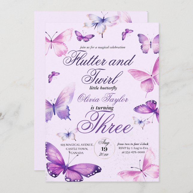 Summer 3rd Birthday Butterfly Girls Birthday  Invitation (Front/Back)