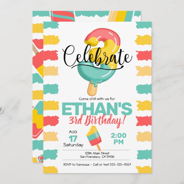 Summer 3rd Birthday Invitation w/ Popsicle (Front/Back)