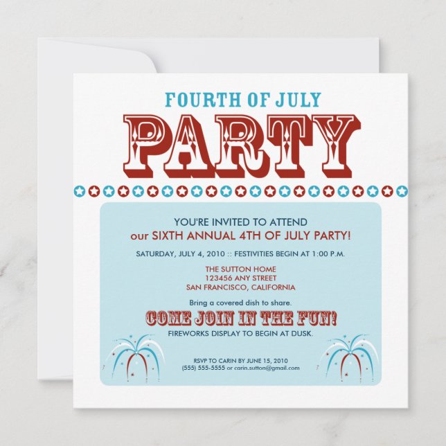 Summer 4th of July Party/Cookout Invitation (Front)