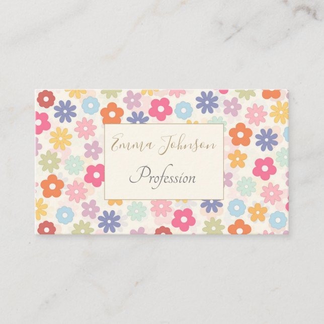 Summer 70’s Boho Retro Daisy Flowers Business Card (Front)